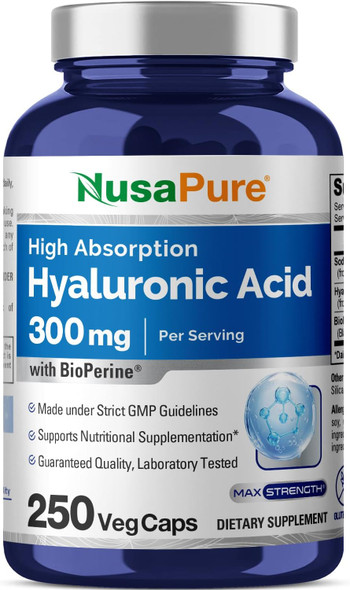 Nusapure Hyaluronic Acid 300Mg 250 Veggie Capsules (Non-Gmo Gluten Free)