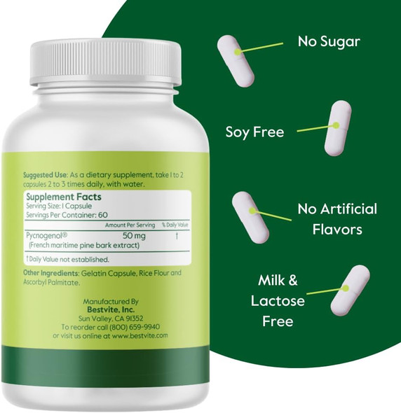 Bestvite Pycnogenol 50mg (120 Capsules) (60x2) - French Maritime Pine Bark Extract - No Stearates - Gluten - Non GMO