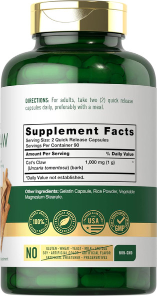Carlyle Cat's Claw Capsules 1000mg | 180 Count | Uncaria Tomentosa | Non-GMO Gluten Supplement