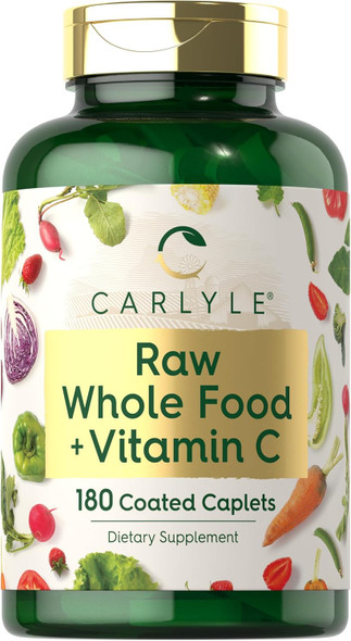Carlyle Raw Whole Foods VIT C | 180 Coated Caplets | Dietary Supplement | Vegan Non-GMO & Gluten