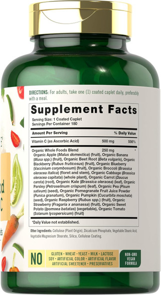 Carlyle Raw Whole Foods VIT C | 180 Coated Caplets | Dietary Supplement | Vegan Non-GMO & Gluten