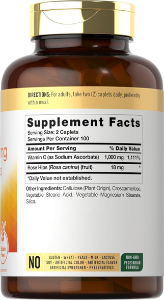 Carlyle Vitamin C with Rose HIPS 500mg | 200 Caplets | High Potency Formula | Vegetarian Non-GMO and Gluten Supplement
