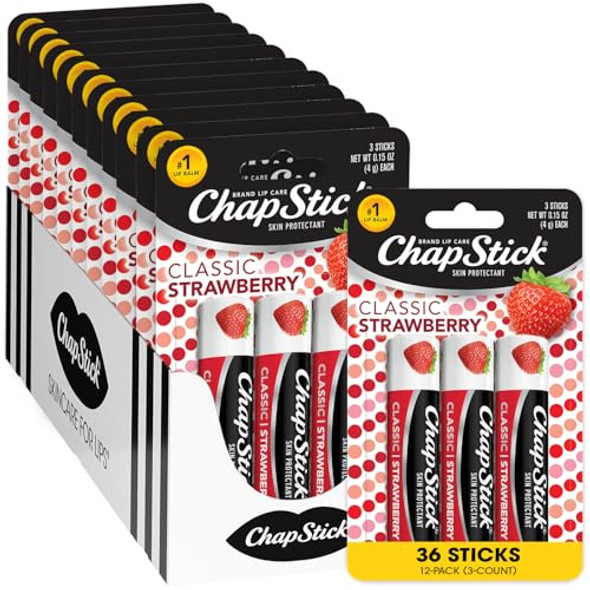 Chapstick Lip Moisturizer Classic Strawberry 3-Packs (12 Sets/36 Tubes) – Bulk Lip Balm Fruity & Sweet 0.15 Oz Ea