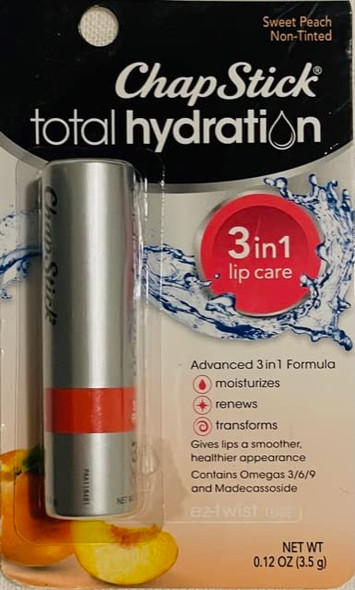 Chapstick Total Hydration Sweet Peach Lip Balm Tube Triple Action Formula Hydrating Lip Care - 0.12 Oz