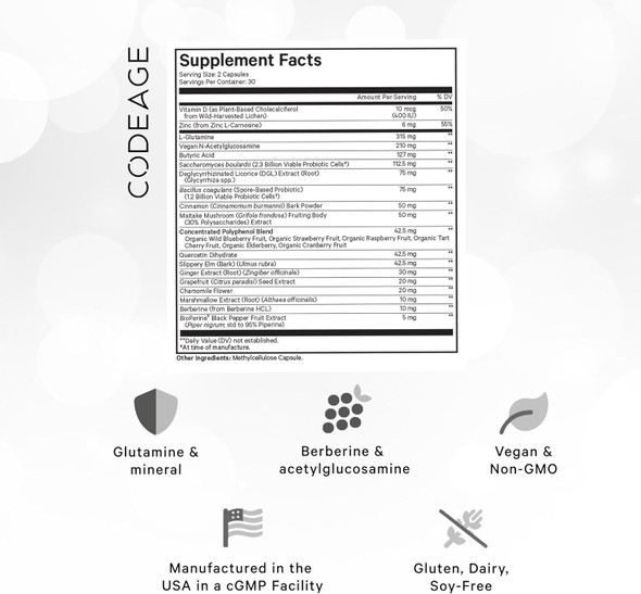 Codeage Leaky Gut Supplement L-Glutamine N-Acetylglucosamine Probiotic Butyric Acid Polyphenols Quercetin DGL Marshmallow Root Berberine BioPerine Cinnamon Vegan Non-GMO 60 Capsules