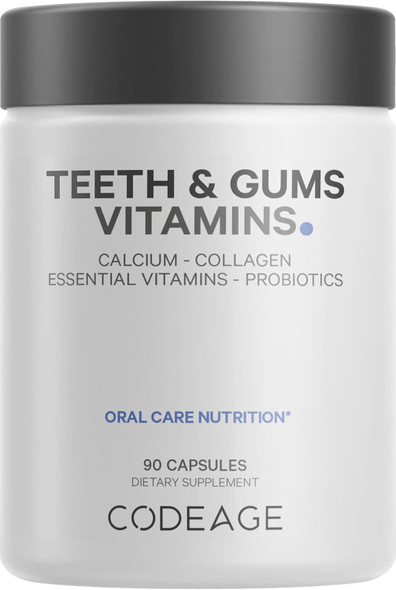 Codeage Teeth & Gums Vitamins + Oral Probiotics Supplement for Mouth - Whole Food Calcium Collagen Potassium Vitamin C D3 K2 Zinc – Oral Care & Dental Multivitamin Supplements - 90 Capsules
