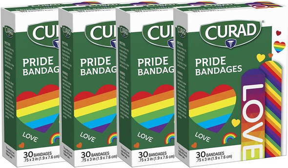 Curad Pride Bandages 2 Designs Plastic Standard Bandages are .75" x 3" 30 Count (4 Pack)