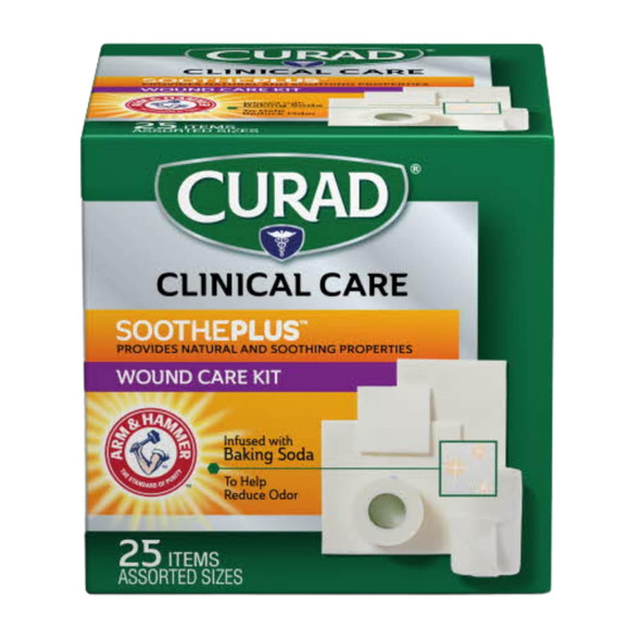 Curad SoothePlus Wound Care Kit with Arm & Hammer Baking Soda Assorted Pack of Gauzes and Tape 25 Count