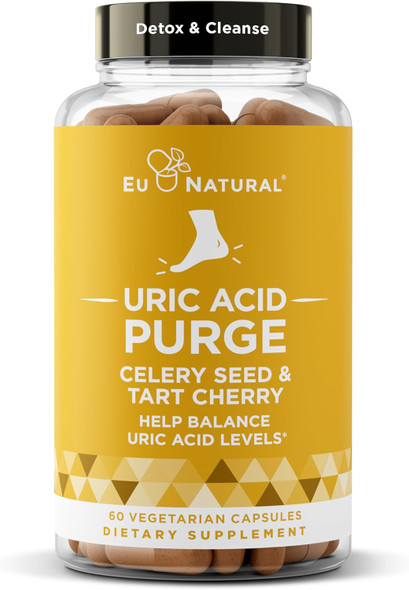 Eu Natural Purge Uric Acid Flush – Eat & Drink What You Want – Detox and Cleanse with Celery Seed Extract Tart Cherry & Chanca Piedra for Effective Joint Support & Active Mobility – 60 Soft Vegan Capsules