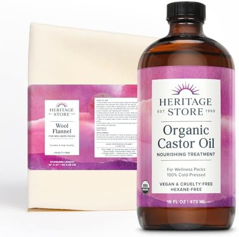 Heritage Store Organic Castor Oil Pack Wrap Kit - Soothing Castor Oil Packs Heat Compress For Abdomen Joints Overall Health - 16Oz Cold Pressed Organic Castor Oil And 12 X 27 In. Wool Flannel Cloth