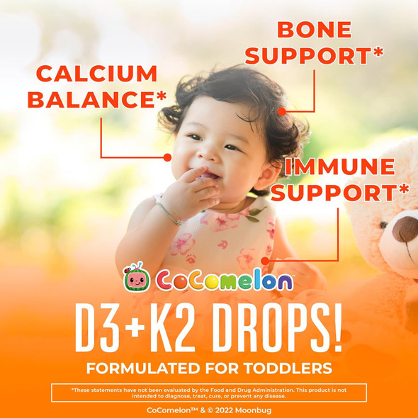 Maryruth Organics CoComelon Vitamin D3 K2 Liquid Drops for Toddlers | Vitamin K2 D3 Supplement for Kids Ages 1-3 | Calcium Absorption | Strong Bones | USDA Organic | Sugar | 15 mL