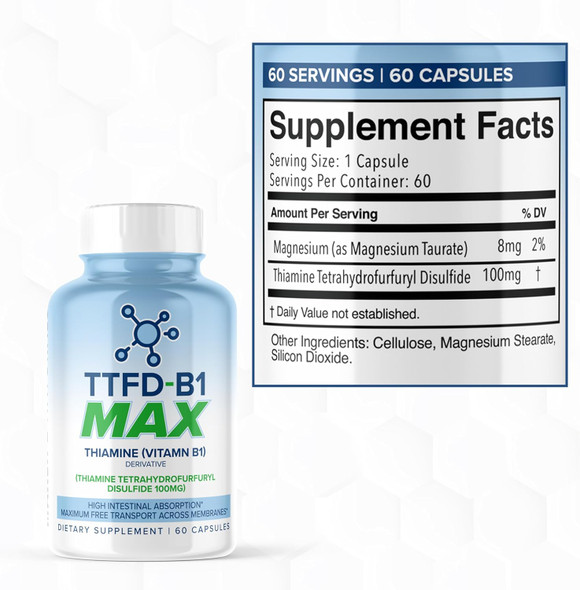 Maxlife Naturals TTFD - B1 Max - Thiamine Vitamin B1 TTFD - 100mg - (Thiamine Tetrahydrofurfuryl Disulfide) Thiamine MAX 60 Capsules by MaxLife Naturals.