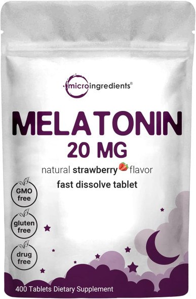 Micro Ingredients Melatonin 20mg Tablets 400 Counts Natural Strawberry Flavor Fast Dissolve | No Drug Vegetarian Friendly Non-GMO & No Gluten