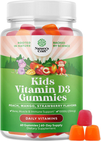 Natures Craft Chewable Vitamin D Gummies for Kids - Delicious Kids Vitamin D 1000 IU Per Serving Gummy Vitamins for Kids and Toddlers Immune Support Plus Muscle Teeth and Bone Health - Gelatin Fruit Flavors