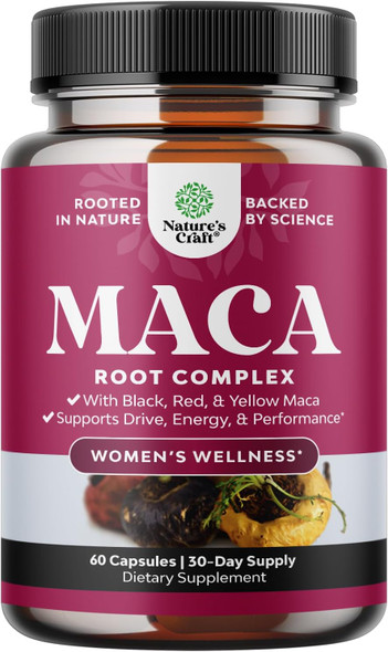 Natures Craft Organic Maca Root Capsules for Women - Potent Herbal Supplement with Female Enhancing Blend of Red Yellow & Black Maca Root - Non-GMO Vegan and Gluten- with No Artificial Colors - 60ct