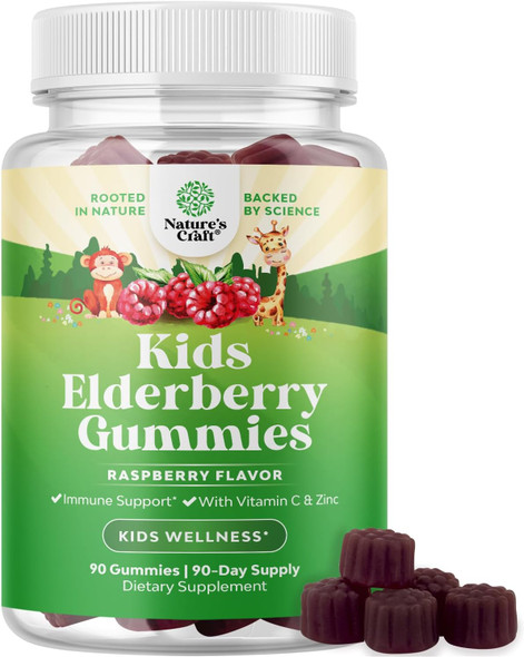 Natures Craft Sambucus Elderberry Gummies for Kids Health - Delicious Black Elderberry Gummies with Zinc and Vitamin C for Kids Immune Support - Gelatin and Gluten Non-GMO Kids Immunity Support 90 Gummies