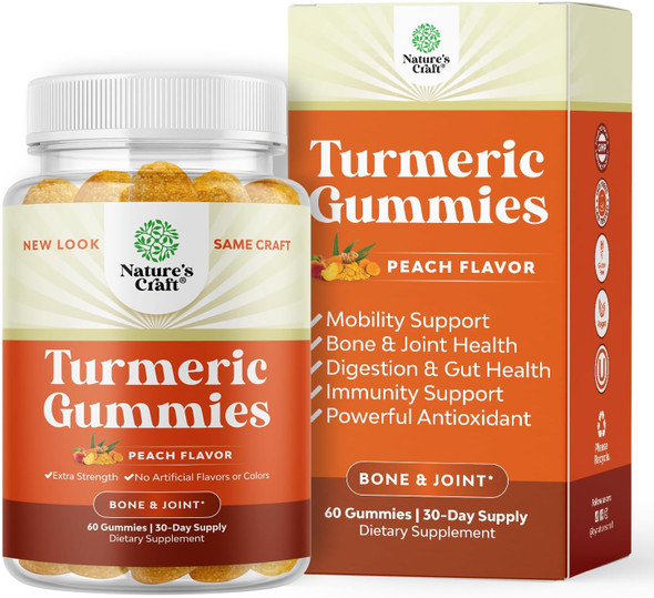 Natures Craft Turmeric Curcumin Immune Support Gummies - Immune Booster Turmeric Gummies for Joint Support and Advanced Skin Care - Turmeric with Black Pepper Joint Supplement Gummy Vitamins with Curcumin Powder