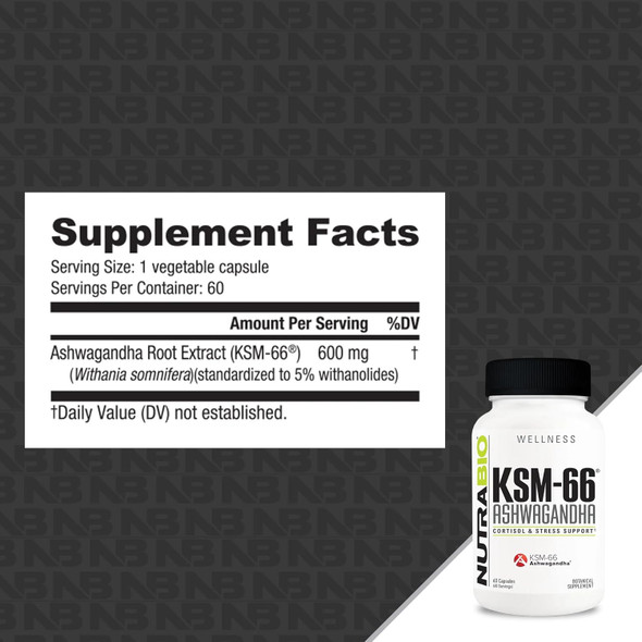 Nutrabio Ashwagandha KSM-66 Herbal Supplement for Better Overall Well being 600mg - 60 Vegetable Capsules
