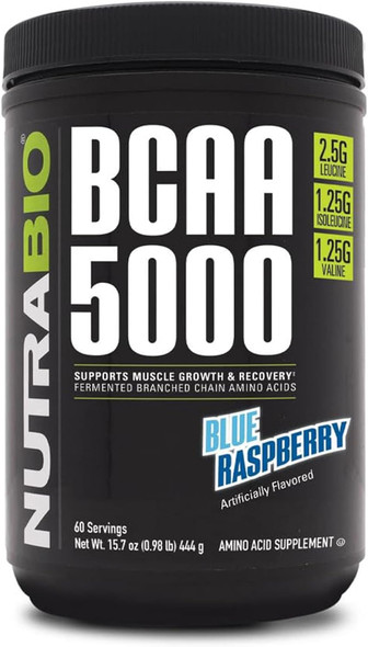 Nutrabio BCAA 5000 Powder - Vegan Fermented BCAAs - Supports Lean Muscle Growth Recovery Endurance - Zero Fat Sugar and Carbs - 60 Servings - Blue Raspberry