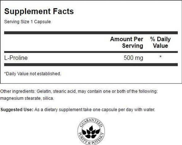 Swanson Amino Acid L-Proline Dietary Supplement Collagen Connective Tissue Support 500 mg 100 Capsules