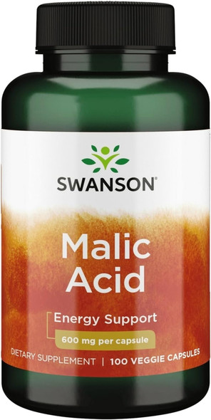 Swanson Malic Acid - Natural Supplement Promoting Cellular Energy Production - Supplement Formula to Help Nourish & Energizes Muscles - (100 Veggie Capsules, 600mg Each)
