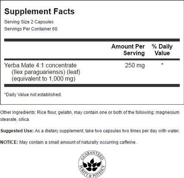 Swanson Yerba Mate (4:1) Energy Vitality Support 125 Milligrams 120 Capsules