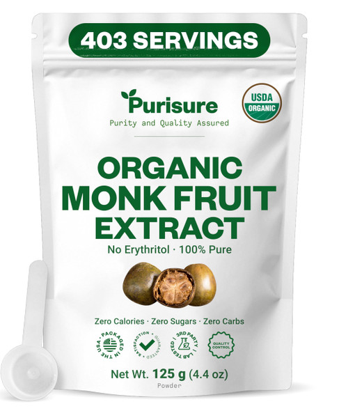 Purisure Organic Monk Fruit Extract 125G 400 Servings Organic Pure Monk Fruit Sweetener Without Erythritol Non-Glycemic Zero-Calorie Zero-Carb Powdered Monkfruit Sweetener For Keto And Paleo
