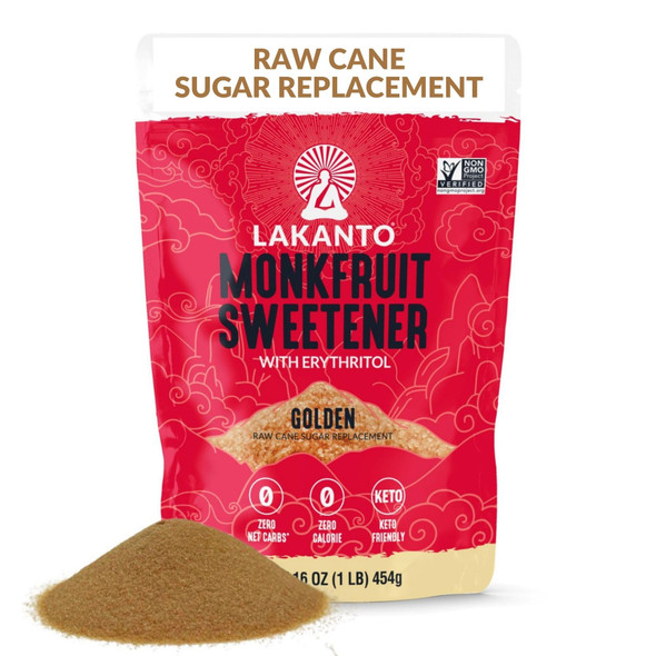 Lakanto Golden Monk Fruit Sweetener With Erythritol Raw Cane Sugar Substitute From Monk Fruit Extract Raw Sugar Replacement for Baking Coffee & Tea Gluten Free Low Carb Non GMO Keto 1 LB Bag