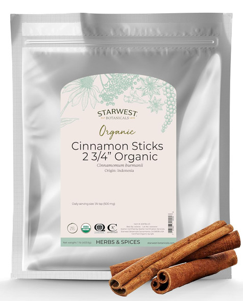 Starwest  Organic Cinnamon Sticks 1 Lb 2 3/4" Length | For Baking Cooking & Beverages | Non-Gmo her
