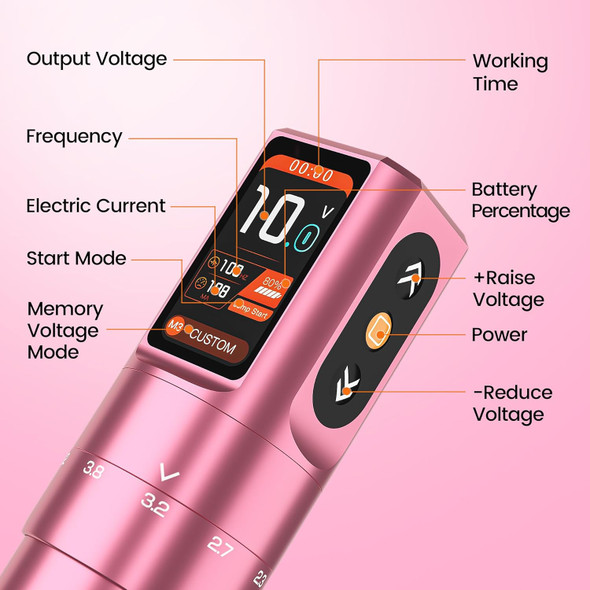 Tattoo Gun Kit- 6 Strokes Adjustment Wireless Tattoo Machine With Japanese Motor & 3 Gear Memory Function, Led Digital Display. Ideal For Use By Professional Tattoo Artists.(Pink)