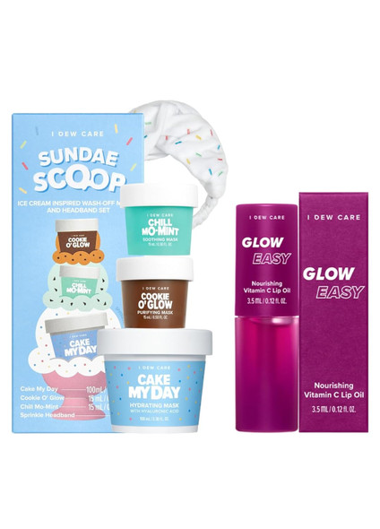 I Dew Care Wash-Off Masks With Headband Set - Sundae Scoop + Lip Oil Gloss - Glow Easy, 0.12 Fl Oz Bundle