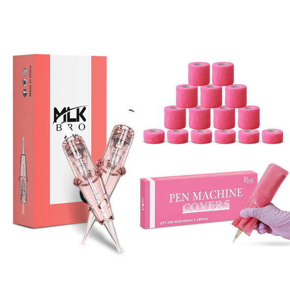 Inkin Tattoo Cartridge Needles 1Rl Round Liner 0.3Mm Pink Tattoo Supplies Smp Disposable Tattoo Needles With 200Pcs Tattoo Machine Covers And 15Pcs Rolls Tattoo Grip Tape Wrap Cover