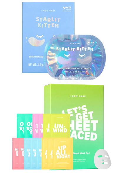 I Dew Care Hydrogel Eye Patch - Starlit Kitten, 5 Ea + Sheet Mask Pack - Let’S Get Sheet Faced, 14 Count Bundle