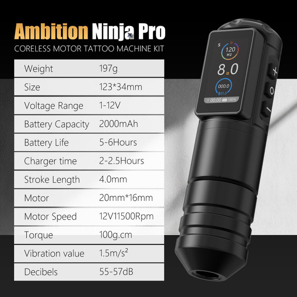 Ambition Ninja Pro Tattoo Machine With Coreless Motor - Rotary Cartridge Tattoo Pen With 2000Mah Power Supply Digital Lcd Display For Professionals And Beginners Tattoo Artists