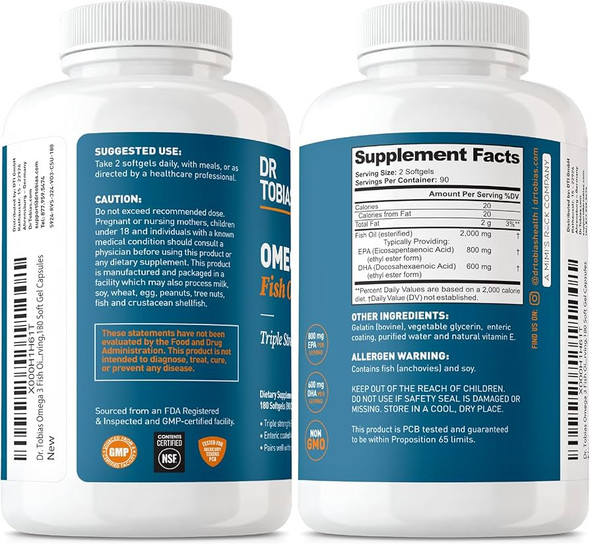 Dr. Tobias Omega 3 Fish Oil 2000mg Triple Strength with 800mg EPA 600mg DHA Per Serving Fish Oil Omega 3 Supplements for Heart Brain & Immune Support 180 Softgels