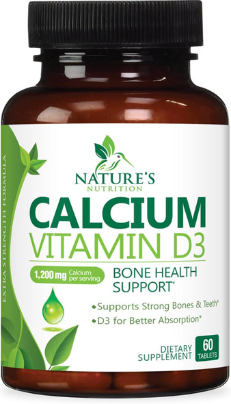 Calcium 1200 Mg With Vitamin D3, Calcium Supplement Vitamins, Supports Bone Strength, Teeth & Immune System, Calcium Supplements For Women & Men, Nature'S Absorbable Calcium Carbonate - 60 Tablets