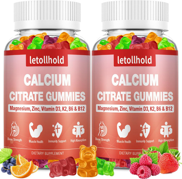 Calcium Citrate Gummies - 1200 Mg Calcium Gummies With Magnesium Zinc Vitamins - Calcium Chews For Bone, Muscle, Joints, Immune Support, High Absorption Calcium Supplements For Women & Men 2 Packs