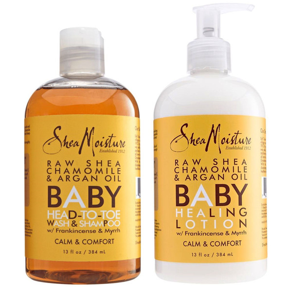 Shea Moisture Calm and Comfort Raw Shea Chamomile and Argan Oil Baby Head to Toe Wash Shampoo and Healing Lotion, 13 fl oz Each