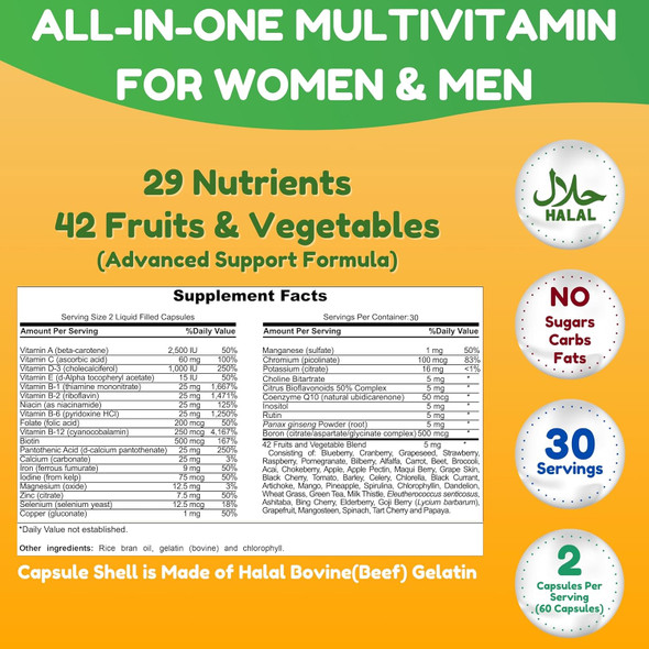 Halal Multivitamins For Women, Men & Adults, 30 Servings  Iron, Vitamin A, B6, B12, Biotin, Niacin, C, D3, E, Zinc, Calcium, Folic Acid, Coq10  Halal Vitamins