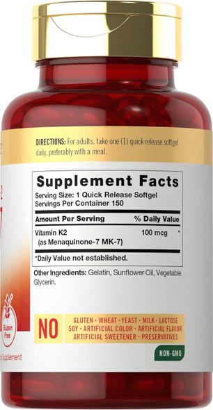 Carlyle Vitamin K2 Mk7 100 Mcg  150 Softgels  Non-Gmo, Gluten Supplement