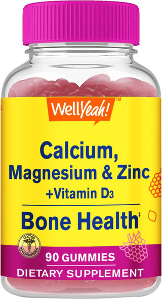 Calcium, Magnesium, Zinc + Vitamin D3 Gummies By Wellyeah  Bone, Muscle And Nerve Health Support, Immune Support  For Men And Women  Gluten Free, Non Gmo  Raspberry Flavor  90 Count