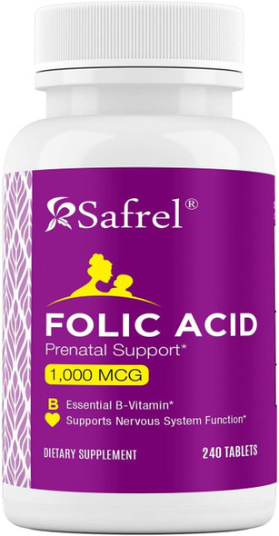 Safrel Folic Acid 1000 Mcg (1 Mg) - Vitamin B9-240 Tablets, Essential Prenatal And Postnatal Vitamin For Fetal Development, Red Blood Cell Production, Cell And Neural Development  Non-Gmo, Vegan