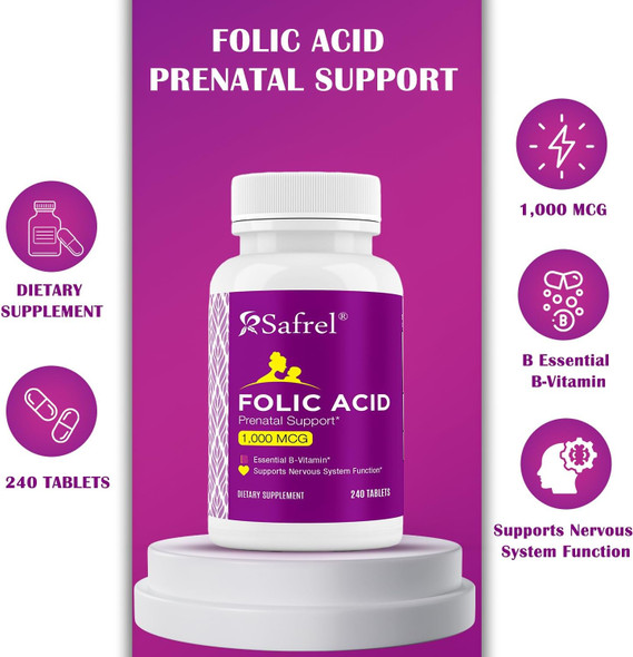 Safrel Folic Acid 1000 Mcg (1 Mg) - Vitamin B9-240 Tablets, Essential Prenatal And Postnatal Vitamin For Fetal Development, Red Blood Cell Production, Cell And Neural Development  Non-Gmo, Vegan