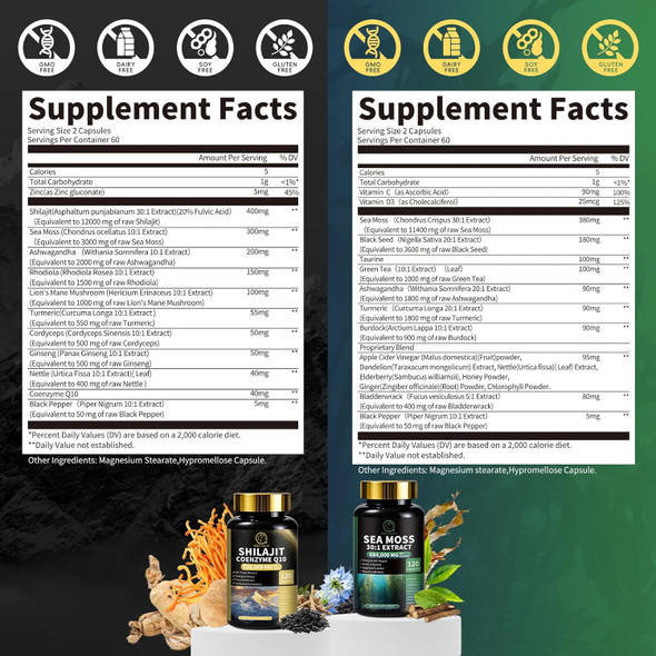 Sea Moss And Shilajit Bundle, All In 1 Supplements With Shilajit 720,000Mg, Sea Moss 684,000Mg, Coenzyme Q10, Black Seed, Ashwagandha, Burdock For Energy, Antioxidant, Immune Support, 240 Capsules