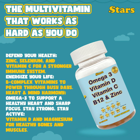 Adult Multivitamin Gummy With Omega 3, Chewable Multivitamin With Selenium, Vitamin A, B, C, D, Biotin, Multivitamin For Women, Multivitamin For Men, 60 Star Shaped Multivitamin Gummies