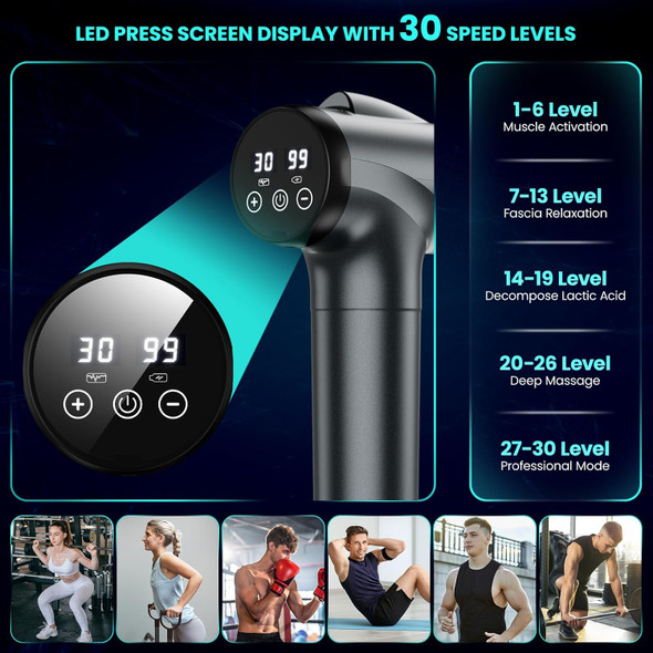 Jqx Massage Gun Deep Tissue, High Percussion Back Neck Massager For Athletes, Handheld Muscle Massager Gun With 30 Speed Levels 9 Replacable Heads, For Men & Women (Grey)