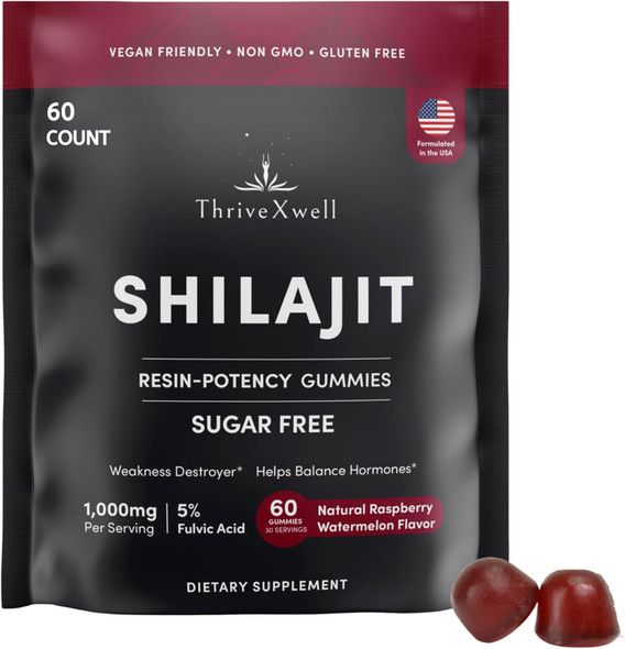 Pure Himalayan Shilajit Resin Potency Gummies Supplement For Men & Women  1000Mg Sugar 85+ Trace Minerals  Immumity, Energy, Vitality & Brain  Natural Raspberry Flavor (60 Count)