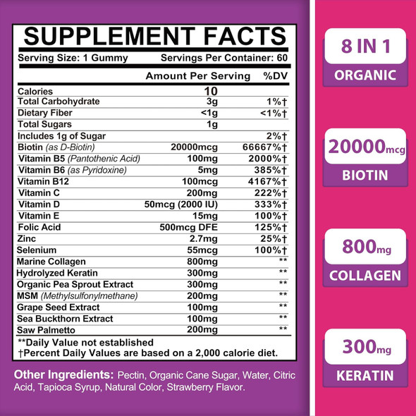 Biotin Gummies 20000 Mcg, Biotin For Hair Growth Women, 8-In-1 Biotin Gummies With Collagen, Keratin & Folic Acid, Biotin Gummies For Women, Biotin Gummies For Hair Skin & Nails, Non-Gmo, 120 Servings