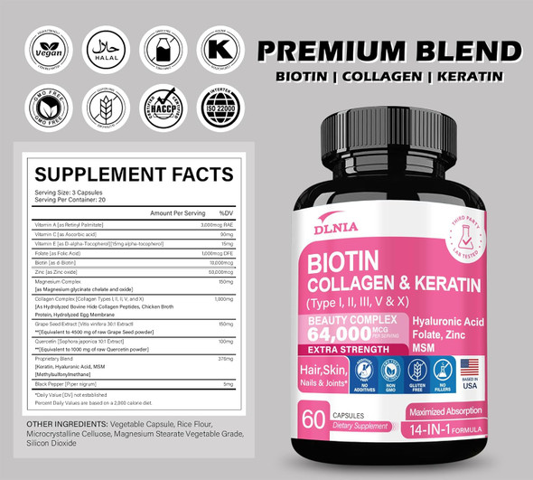Biotin  Collagen  Keratin - Clinically Tested Supplement - Hair Growth Support - Skin- Nails & Joints Complex 64000 Mcg - Hyaluronic Acid  B2  B3  B6  B7 - For Women & Men Biotin  Collagen  Keratin - Clinically Tested Supplement - Hair Growth Support - Skin- Nails & Joints Complex 64000 Mcg - Hyaluronic Acid  B2  B3  B6  B7 - For Women & Men
