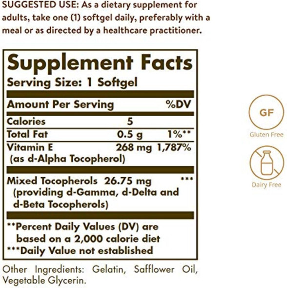 Solgar Vitamin E 268 Mg (400 Iu), 250 Mixed Softgels - Natural Antioxidant, Skin & Immune System Support - Naturally-Sourced Vitamin E - Gluten Free, Dairy - 250 Servings